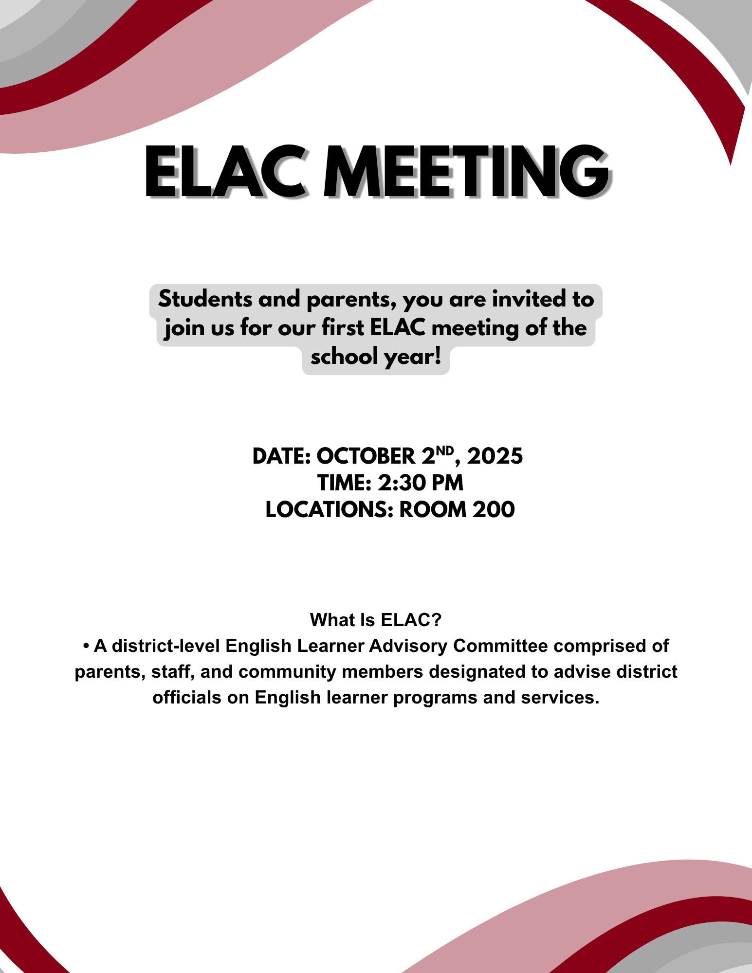A white flyer with gray and red decals, it includes details regarding the ELAC meeting.